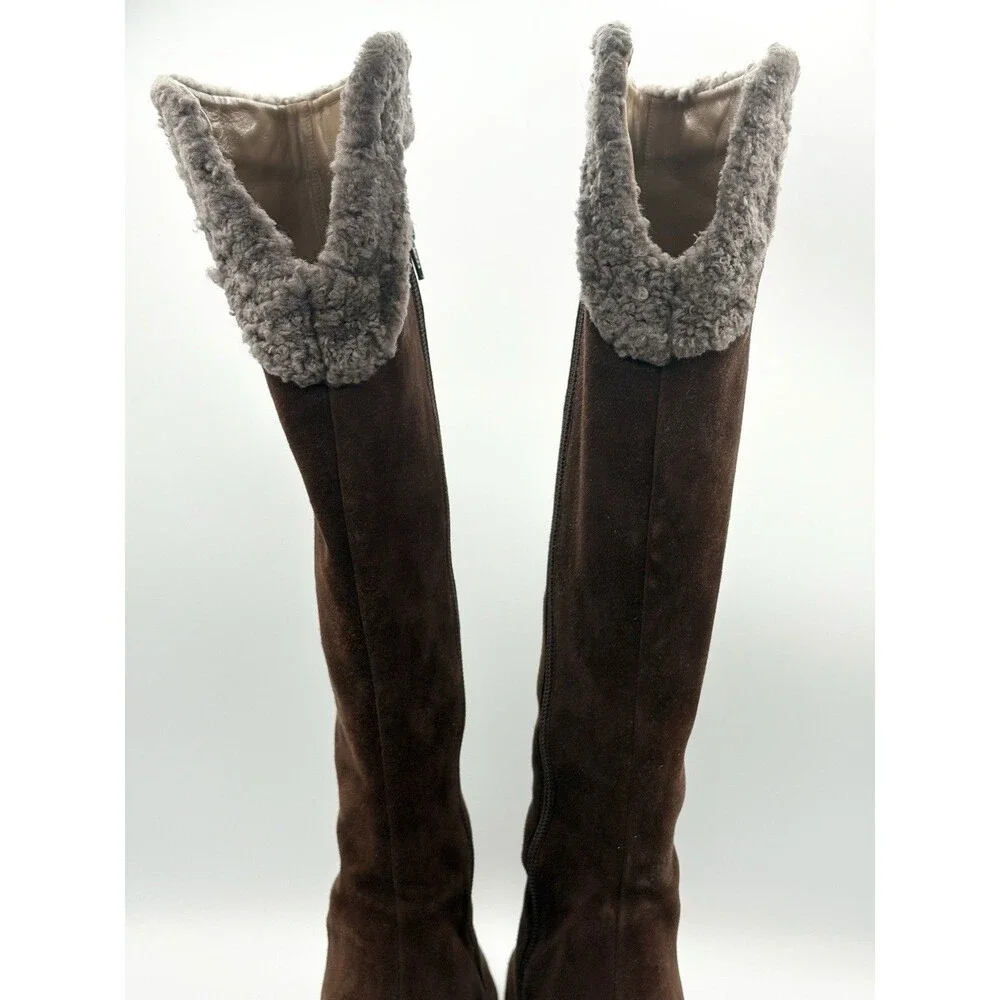 Christian Louboutin Brown Suede Knee High Boots Sheepskin Accent Size EU 36.5